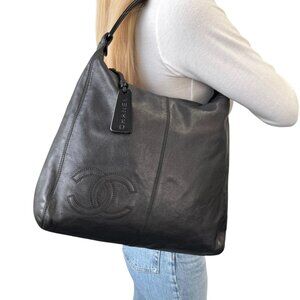 CHANEL Vintage Lambskin Leather Shoulder Hobo Bag Black Plastic Handle [106234]
